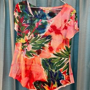 Vibrant Floral Short Sleeve Top - Pink and Green